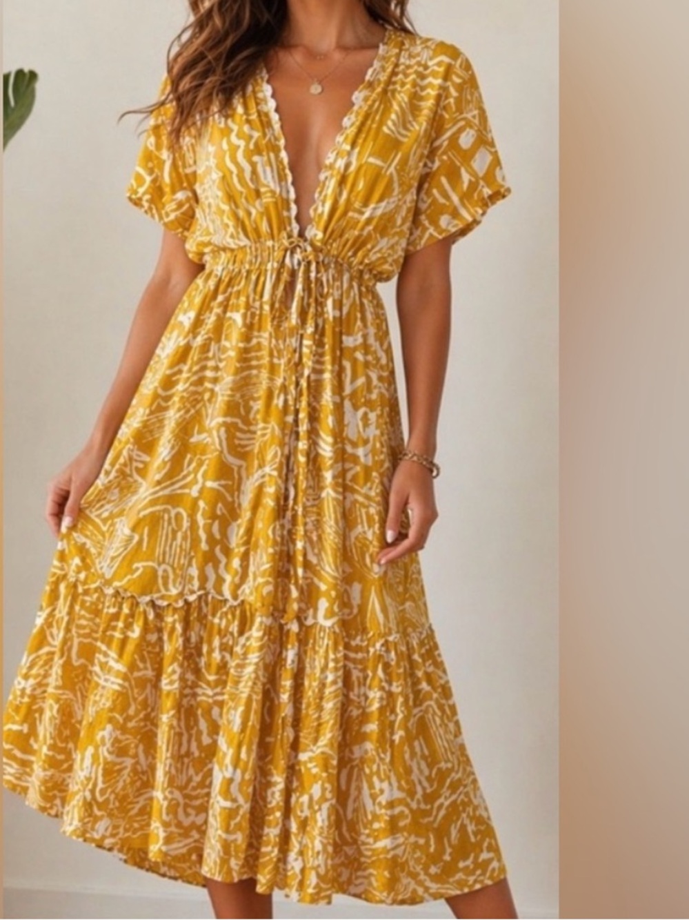 Blue Island Mustard Midi Dress Size S Boho Tie Front Flowy Summer